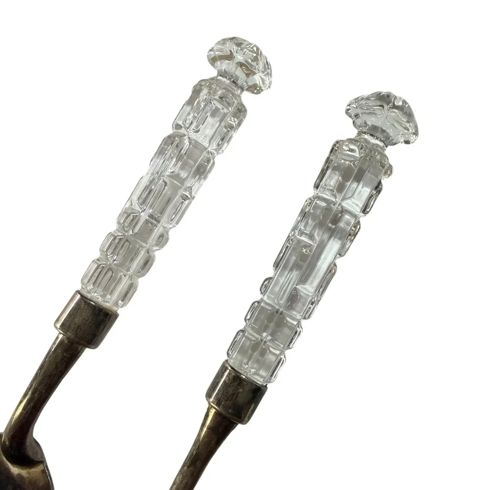 Vintage Salad Serving Set Faceted Glass Handles Silver Tone Fork Spoon 2 Piece